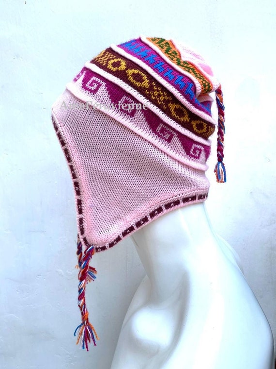 Cappello unisex rosa in alpaca peruviana chullo con paraorecchie