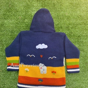 Blue Children peruvian hoodie sweater, Unique Peru Kids Wool Cardigan, Peruvian toddler wool jacket, Toddler embroidered sweater kids image 2