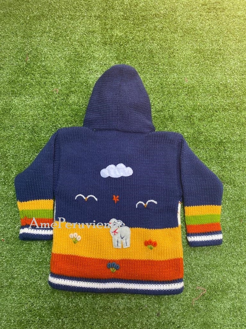 Blue Children peruvian hoodie sweater, Unique Peru Kids Wool Cardigan, Peruvian toddler wool jacket, Toddler embroidered sweater kids image 2