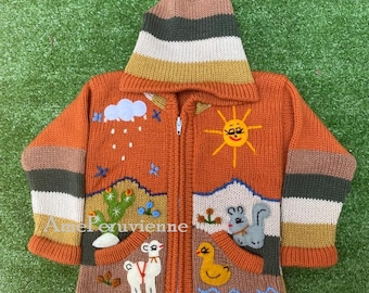 Maglione con cappuccio peruviano per bambini arancioni, cardigan in lana per bambini Perù unico, giacca in lana per bambini peruviana, maglione ricamato per bambini