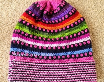 Pink Unisex Multicolor Hand Knit Alpaca Beanie Hat Cap