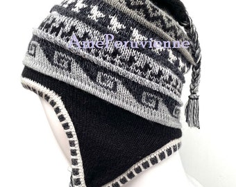 Sombrero de alpaca peruano unisex negro chullo con orejeras 100% forro, sombrero de gorro de forro polar suave, sombrero peruano de alpaca chullo, sombrero de perú