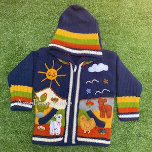 Blue Children peruvian hoodie sweater, Unique Peru Kids Wool Cardigan, Peruvian toddler wool jacket, Toddler embroidered sweater kids image 1