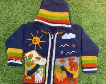 Blue Children peruvian hoodie sweater, Unique Peru Kids Wool Cardigan, Peruvian toddler wool jacket, Toddler embroidered sweater kids