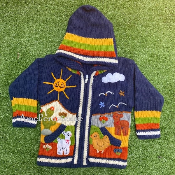 Pull à capuche péruvien pour enfants bleus, cardigan en laine unique pour enfants du Pérou, veste en laine péruvienne pour tout-petits, pull brodé pour tout-petits enfants