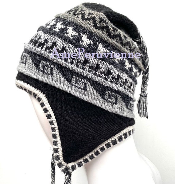 Black Unisex Peruvian Alpaca Hat Chullo With Earflaps 100