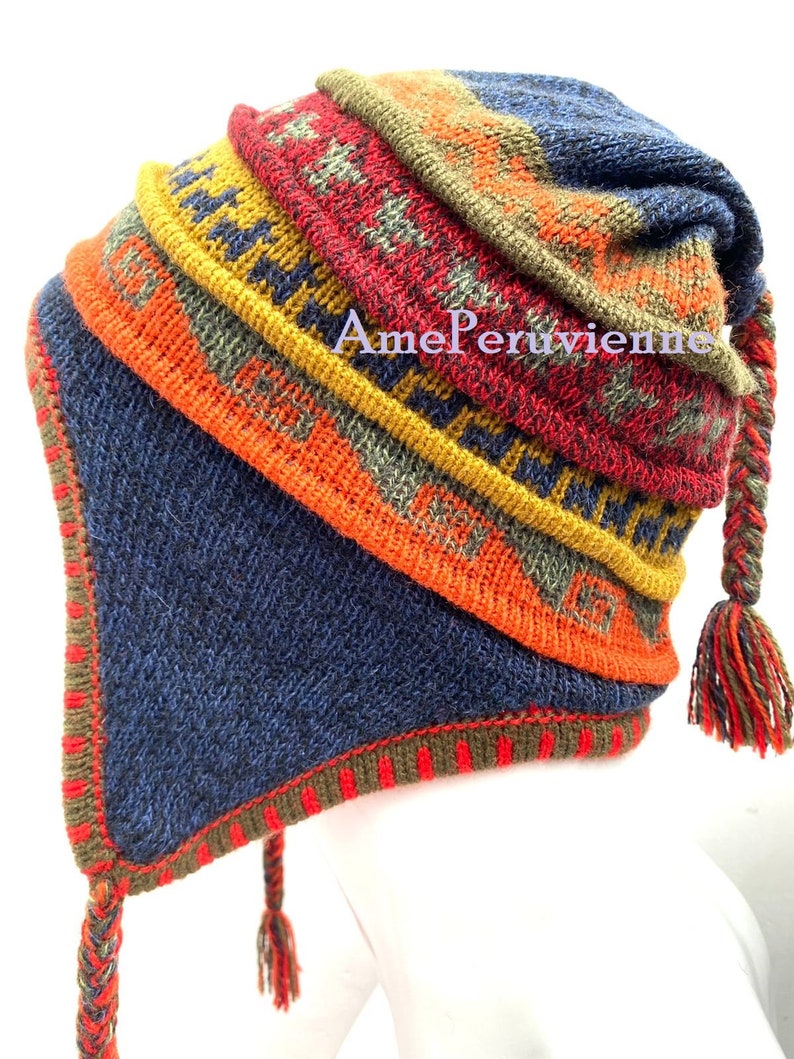 Bonnet chullo unisexe en alpaga péruvien avec oreillettes 100 % doublure, bonnet doublure en polaire douce, chapeau péruvien chullo en alpaga, chapeau péruvien, chapeau en alpaga BLUE WITH ORANGE