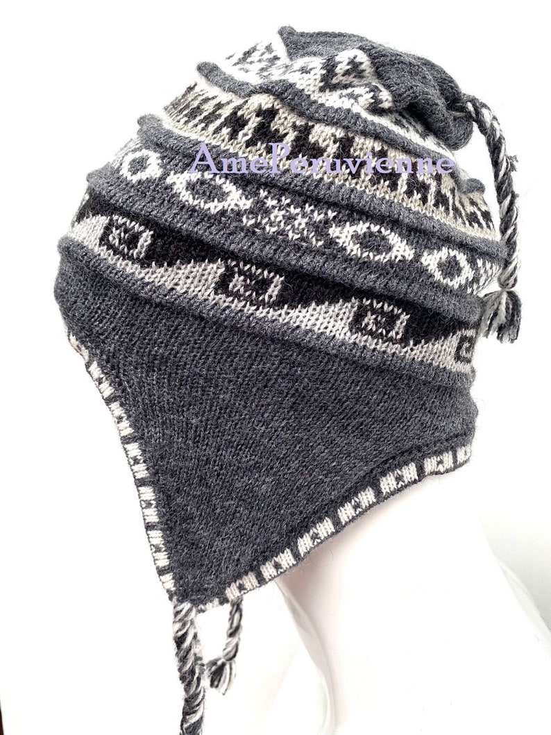 Bonnet chullo unisexe en alpaga péruvien avec oreillettes 100 % doublure, bonnet doublure en polaire douce, chapeau péruvien chullo en alpaga, chapeau péruvien, chapeau en alpaga DARK GREY