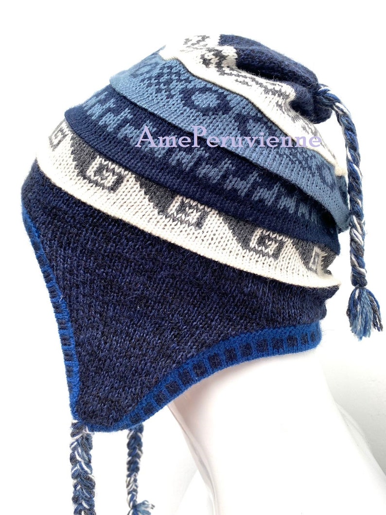 Bonnet chullo unisexe en alpaga péruvien avec oreillettes 100 % doublure, bonnet doublure en polaire douce, chapeau péruvien chullo en alpaga, chapeau péruvien, chapeau en alpaga BLUE