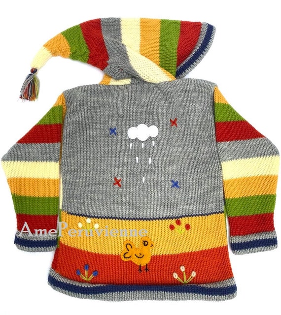 Gray Children peruvian hoodie sweater Unique Peru Kids Wool Cardigan Peruvian toddler wool jacket Toddler embroidered sweater kids