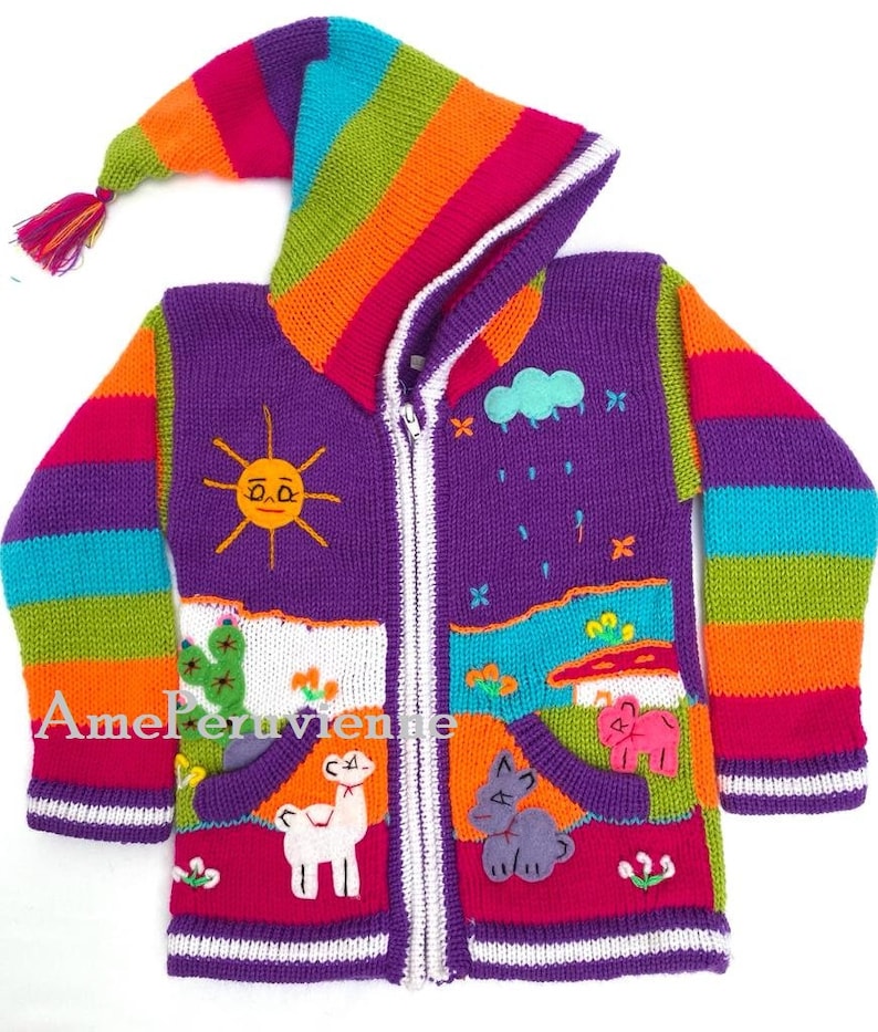 Children peruvian hoodie sweater, Unique Peru Kids Wool Cardigan, Peruvian toddler wool jacket, Toddler embroidered sweater kids Purple