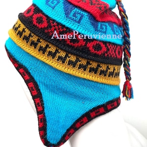 Bonnet chullo unisexe en alpaga péruvien avec oreillettes 100 % doublure, bonnet doublure en polaire douce, chapeau péruvien chullo en alpaga, chapeau péruvien, chapeau en alpaga TURQUOISE