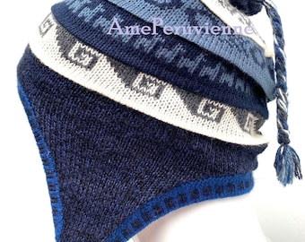 Blue Unisex Peruvian Alpaca Hat chullo with Earflaps 100% Lining, Soft Fleece Lining Beanie hat, alpaca chullo peruvian hat, peru hat, hat