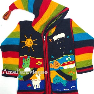 Children peruvian hoodie sweater, Unique Peru Kids Wool Cardigan, Peruvian toddler wool jacket, Toddler embroidered sweater kids Black