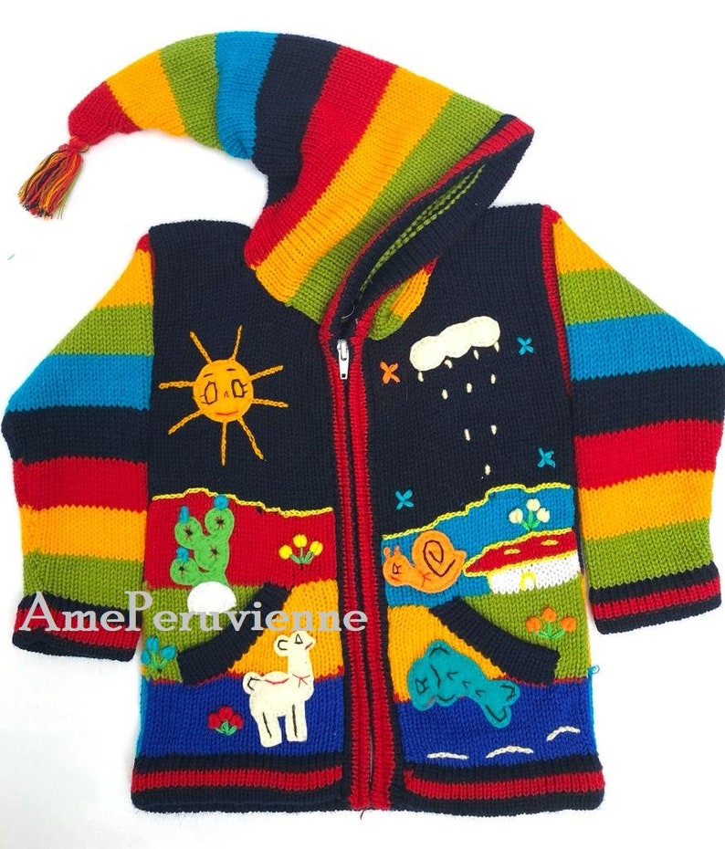 Children peruvian hoodie sweater, Unique Peru Kids Wool Cardigan, Peruvian toddler wool jacket, Toddler embroidered sweater kids Black