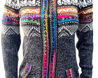 Peruvian Dark Gray Alpaca Sweater for Woman Traditional Design Sweater Gift For Her Hypoallergenic Thermoregulating alpaca cardigan