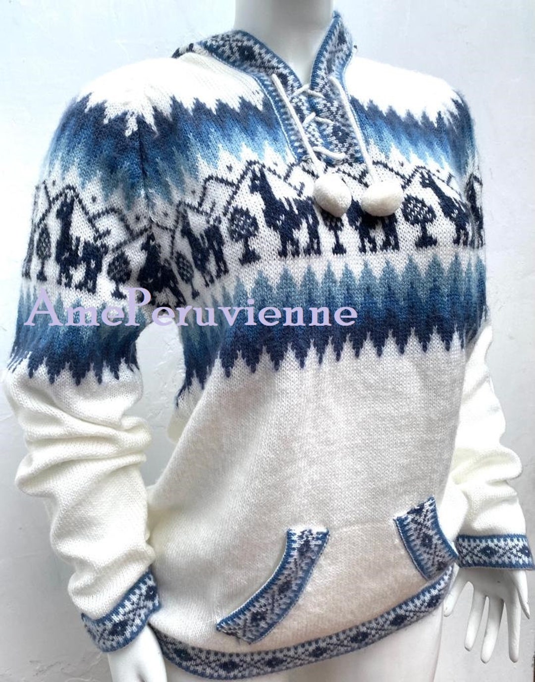 Peruvian Alpaca Hood Sweater for Woman Traditional Design Boho-hippie ...
