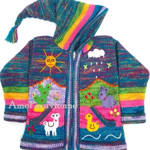 Pull à capuche péruvien pour enfants, cardigan en laine unique pour enfants du Pérou, veste en laine péruvienne pour tout-petits, pull brodé pour tout-petits pour enfants Rainbow