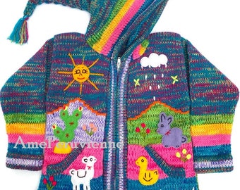 Pull à capuche péruvien pour enfants arc-en-ciel, cardigan en laine unique pour enfants du Pérou, veste en laine péruvienne pour tout-petits, pull brodé pour tout-petits pour enfants