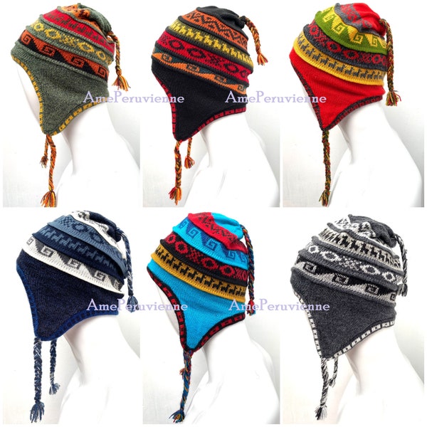 Bonnet chullo unisexe en alpaga péruvien avec oreillettes 100 % doublure, bonnet doublure en polaire douce, chapeau péruvien chullo en alpaga, chapeau péruvien, chapeau en alpaga