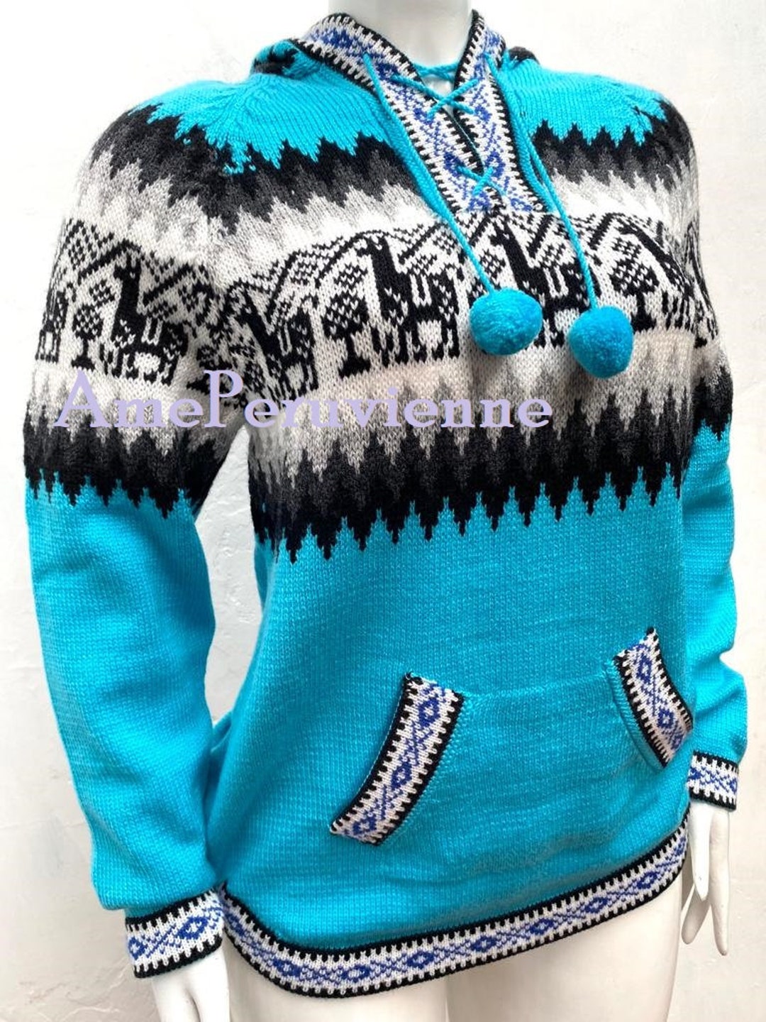 Turquoise Peruvian Alpaca Hood Sweater for Woman Traditional Design ...