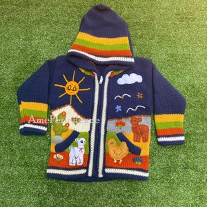 Blue Children peruvian hoodie sweater, Unique Peru Kids Wool Cardigan, Peruvian toddler wool jacket, Toddler embroidered sweater kids image 3