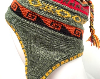 Hash Green Unisex Peruvian Alpaca Hat chullo with Earflaps 100% Lining, Soft Fleece Lining Beanie hat, alpaca chullo peruvian hat, peru hat