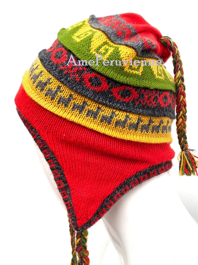 Bonnet chullo unisexe en alpaga péruvien avec oreillettes 100 % doublure, bonnet doublure en polaire douce, chapeau péruvien chullo en alpaga, chapeau péruvien, chapeau en alpaga RED