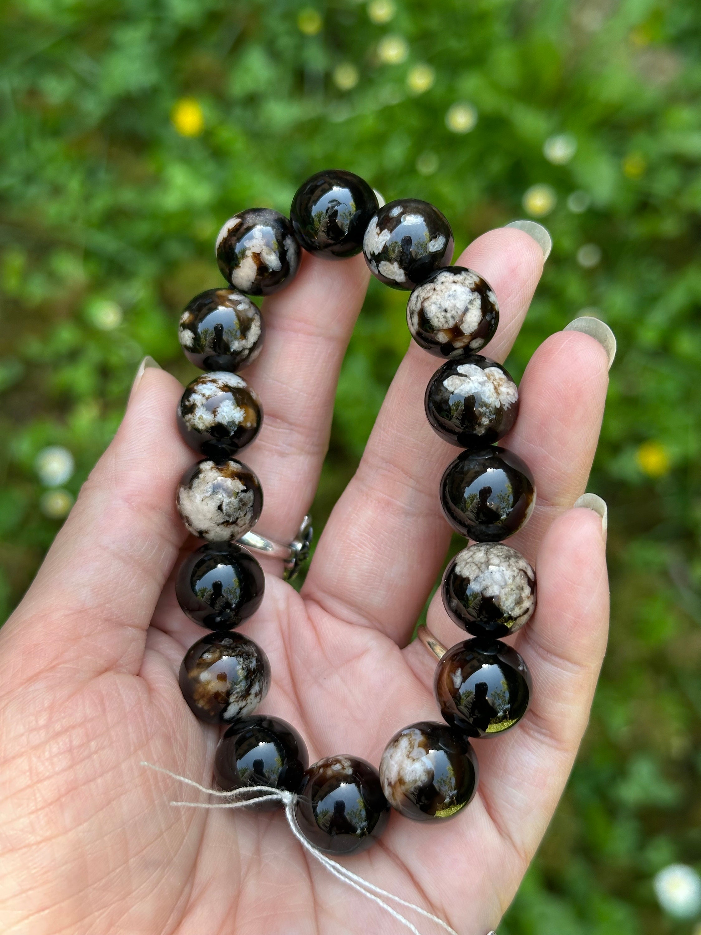 Natural Rare Black Sakura Agate Black Blossom Agate Beaded