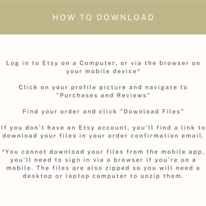Puede incluir: Un fondo blanco con texto negro que explica c&oacute;mo descargar archivos digitales de Etsy. El texto incluye instrucciones sobre c&oacute;mo iniciar sesi&oacute;n en Etsy, encontrar tu pedido y descargar archivos. Tambi&eacute;n se&ntilde;ala que los archivos est&aacute;n comprimidos y pueden requerir una computadora de escritorio o port&aacute;til para descomprimirlos.