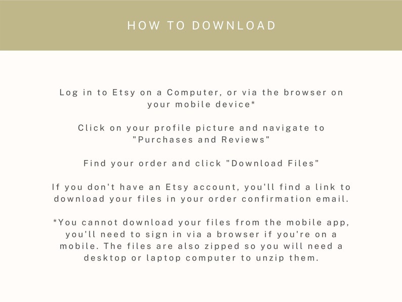 Puede incluir: Un fondo blanco con texto negro que explica c&oacute;mo descargar archivos digitales de Etsy. El texto incluye instrucciones sobre c&oacute;mo iniciar sesi&oacute;n en Etsy, encontrar tu pedido y descargar archivos. Tambi&eacute;n se&ntilde;ala que los archivos est&aacute;n comprimidos y pueden requerir una computadora de escritorio o port&aacute;til para descomprimirlos.