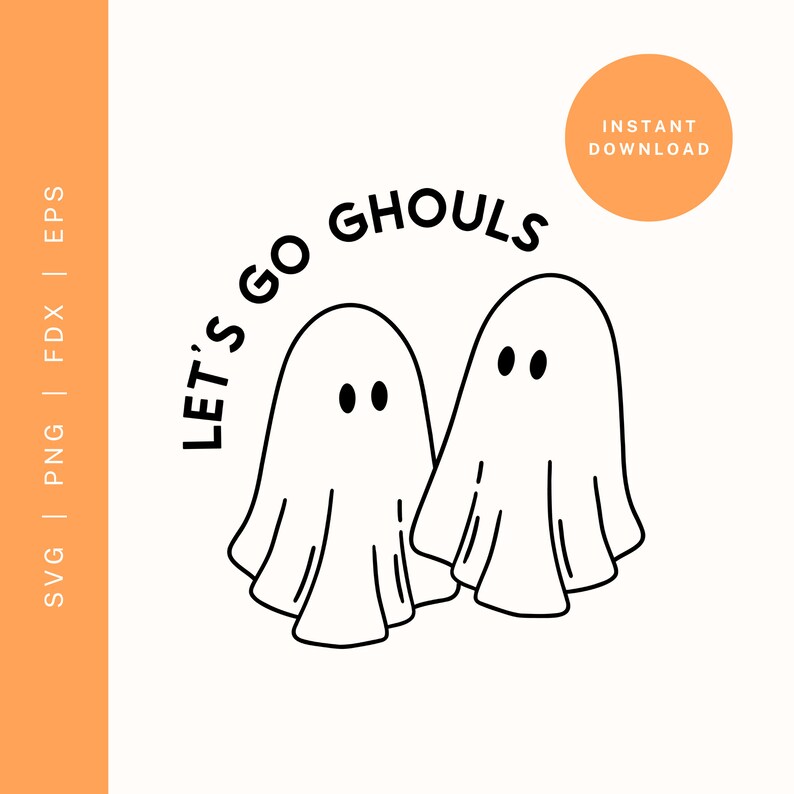 K&ouml;nnte beinhalten: Schwarz-wei&szlig;-Illustration von zwei Geistern mit dem Text "Let's go ghouls" dar&uuml;ber.