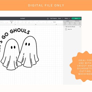 K&ouml;nnte beinhalten: Ein digitales Design in Schwarzwei&szlig; mit zwei Geistern und dem Text "Let's Go Ghouls".