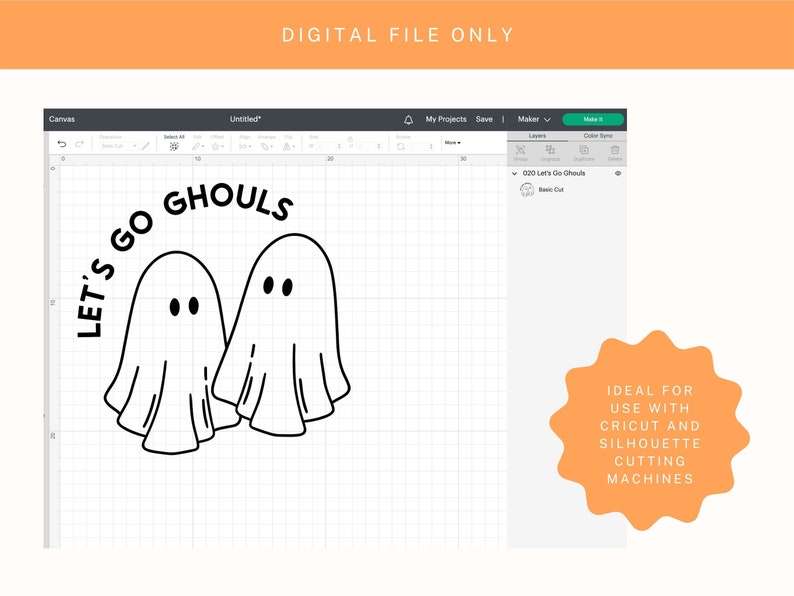 K&ouml;nnte beinhalten: Ein digitales Design in Schwarzwei&szlig; mit zwei Geistern und dem Text "Let's Go Ghouls".