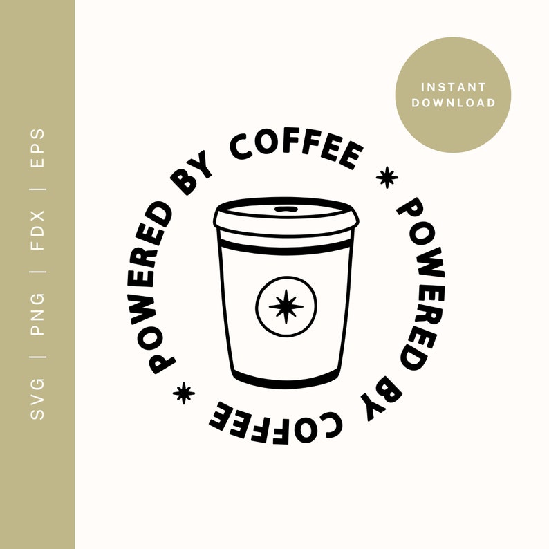 Puede incluir: Ilustraci&oacute;n en blanco y negro de una taza de caf&eacute; con el texto "*POWERED BY COFFEE*" alrededor.
