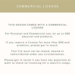 Puede incluir: Acuerdo de licencia comercial para un dise&ntilde;o. La licencia permite el uso personal y comercial del dise&ntilde;o para un m&aacute;ximo de 500 productos f&iacute;sicos finales. Tambi&eacute;n establece que el archivo no se puede revender, compartir o redistribuir.