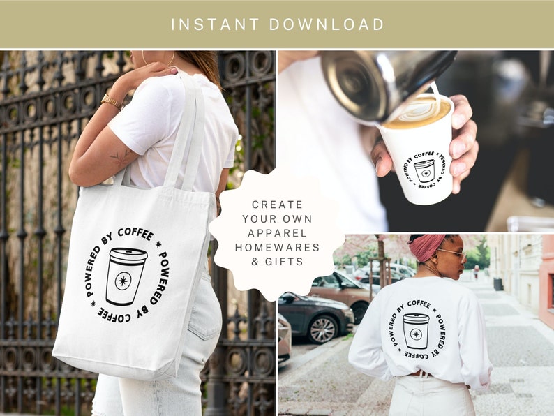Puede incluir: Bolsa de tela blanca con un gr&aacute;fico en blanco y negro de una taza de caf&eacute; y el texto "Powered by Coffee" alrededor. La bolsa est&aacute; siendo sostenida por una persona que lleva una camiseta blanca.