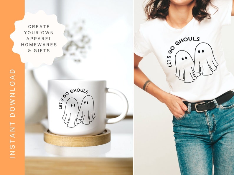K&ouml;nnte beinhalten: Eine wei&szlig;e Keramiktasse mit einer schwarzen Grafik von zwei Geistern und dem Text "Let's go ghouls".