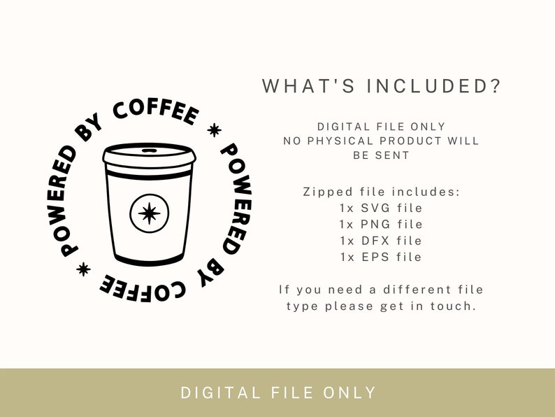 Puede incluir: Ilustraci&oacute;n en blanco y negro de una taza de caf&eacute; con el texto "Powered by Coffee" alrededor. El texto "What's Included?" est&aacute; en la parte superior de la imagen. El texto "Digital File Only" est&aacute; en la parte inferior de la imagen. El texto "Zipped file includes: 1x SVG file, 1x PNG file, 1x DFX file, 1x EPS file" est&aacute; en el medio de la imagen. El texto "If you need a different file type please get in touch." est&aacute; en la parte inferior de la imagen.