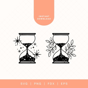 May include: Two black and white hourglass illustrations. The first hourglass has stars around it. The second hourglass has leaves around it.