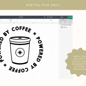 Puede incluir: Dise&ntilde;o en blanco y negro de una taza de caf&eacute; con el texto "Powered by Coffee" alrededor.
