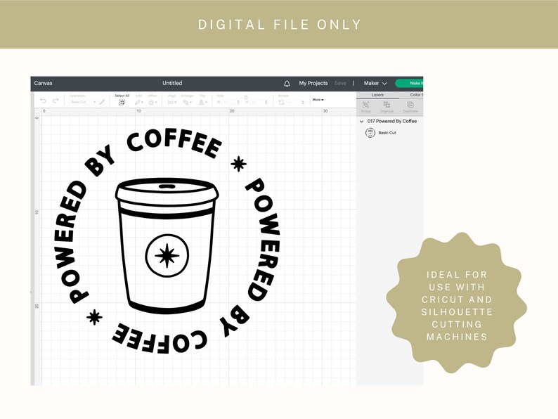 Puede incluir: Dise&ntilde;o en blanco y negro de una taza de caf&eacute; con el texto "Powered by Coffee" alrededor.