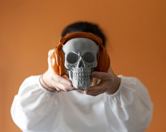 Concrete Skull With Orange Statue Headphone/Headset Home and Living Sculpture