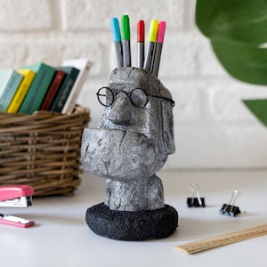 Concrete Moai Easter Island Statue, Pen/Pencil Holder,  Cement Office Organizer, Modern office Sculpture