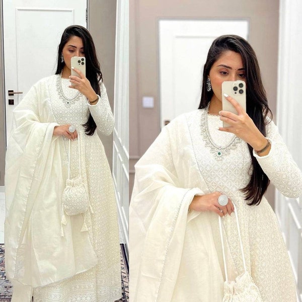 White base embroidered chikankari anarkali gown set, summer wear anarkali suit, chikankari anarkali,white dress,heavy white dress,eid dress