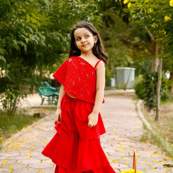 Red embroidered georgette sharara set for little girls , for birthday party,rakhi wear , first birthday, summer wear poncho
