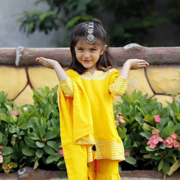 Yellow gotta work kurti with sharara set for girls first birthday dress haldi dress haldi wear function dress for haldi function wedding set