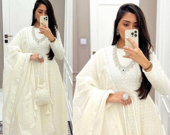 White base embroidered chikankari anarkali gown set, summer wear anarkali suit, chikankari anarkali,white dress,heavy white dress,eid dress