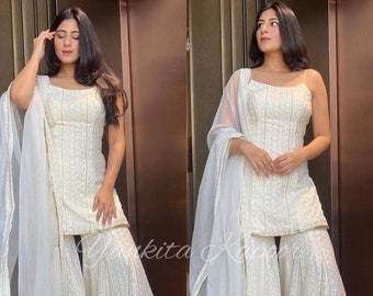 Designer white georgette sharara with sleeveless top and dupatta with heavy work for party wear sharara suit heavy work suit dress for eid