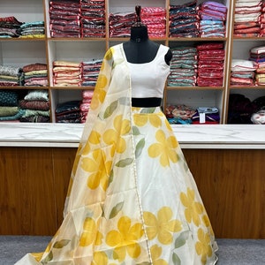 Designer haldi yellow printed organza lehenga with silk choli and dupatta,dress for haldi,wedding season outfit,gift for her,haldi outfit